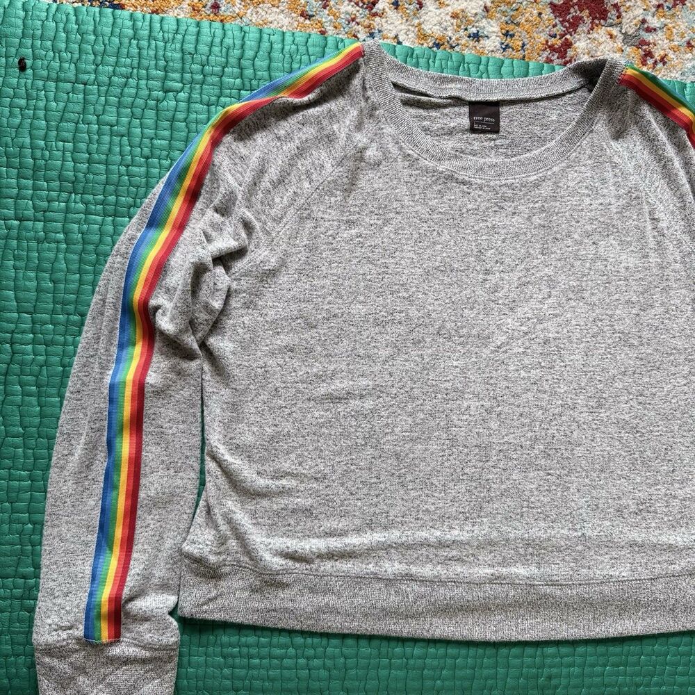 NEW Free Press Sweatshirt Womens L Gray Rainbow Accent Long Sleeve Crew Neck NWT - Picture 10 of 16